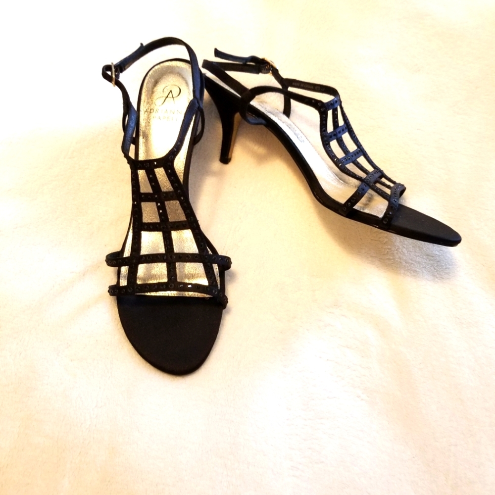 Adrianna Papell Womens Black Strappy Sandals/Heels Black Rhinestones‎ Size 9.5